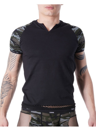 T-shirt noir sexy armée déco camouflage sur les manches et col rond ouvert - LM814-81BLK